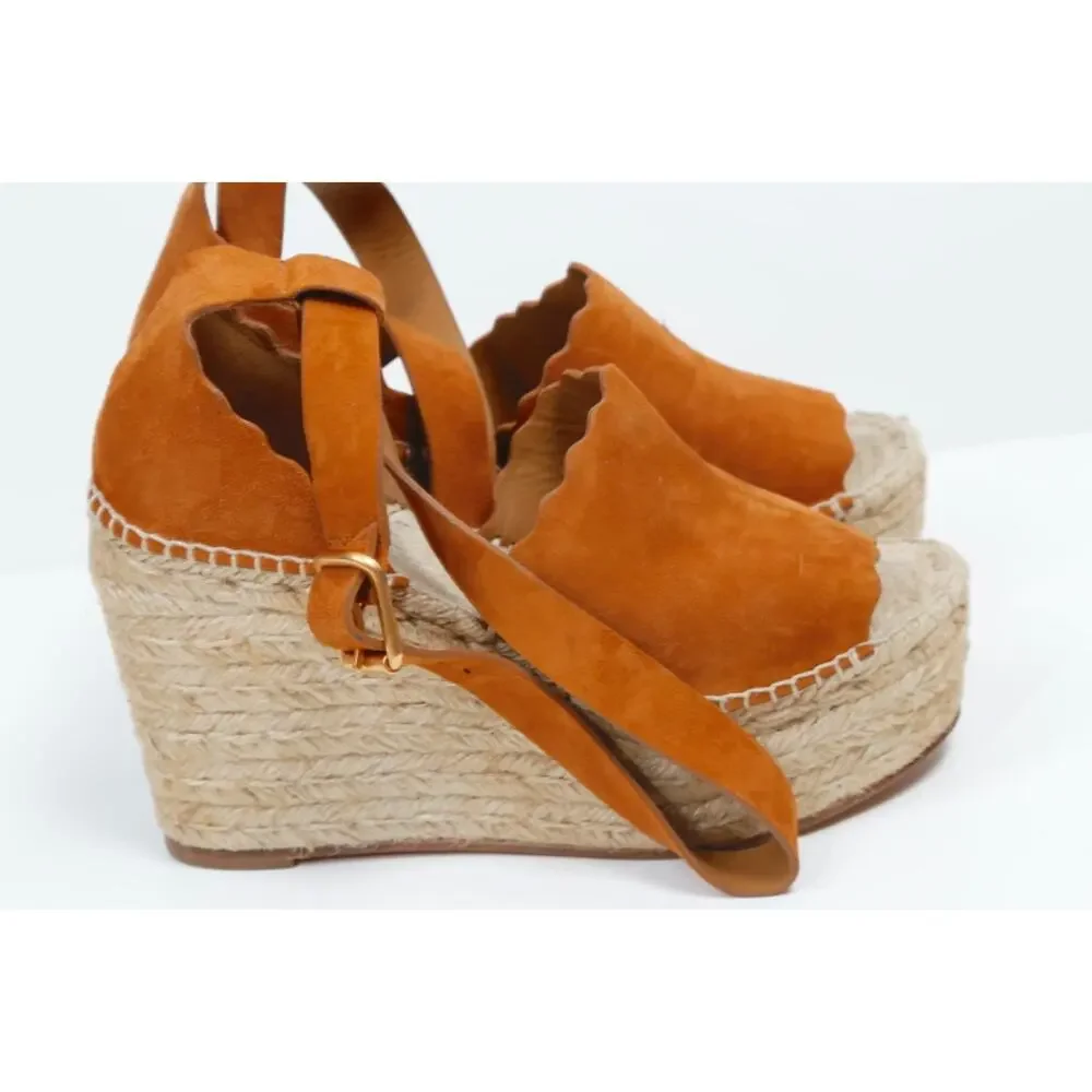 Chloe Lauren Scalloped Suede Espadrille Wedge Sandals 38 Tan Chestnut Platforms